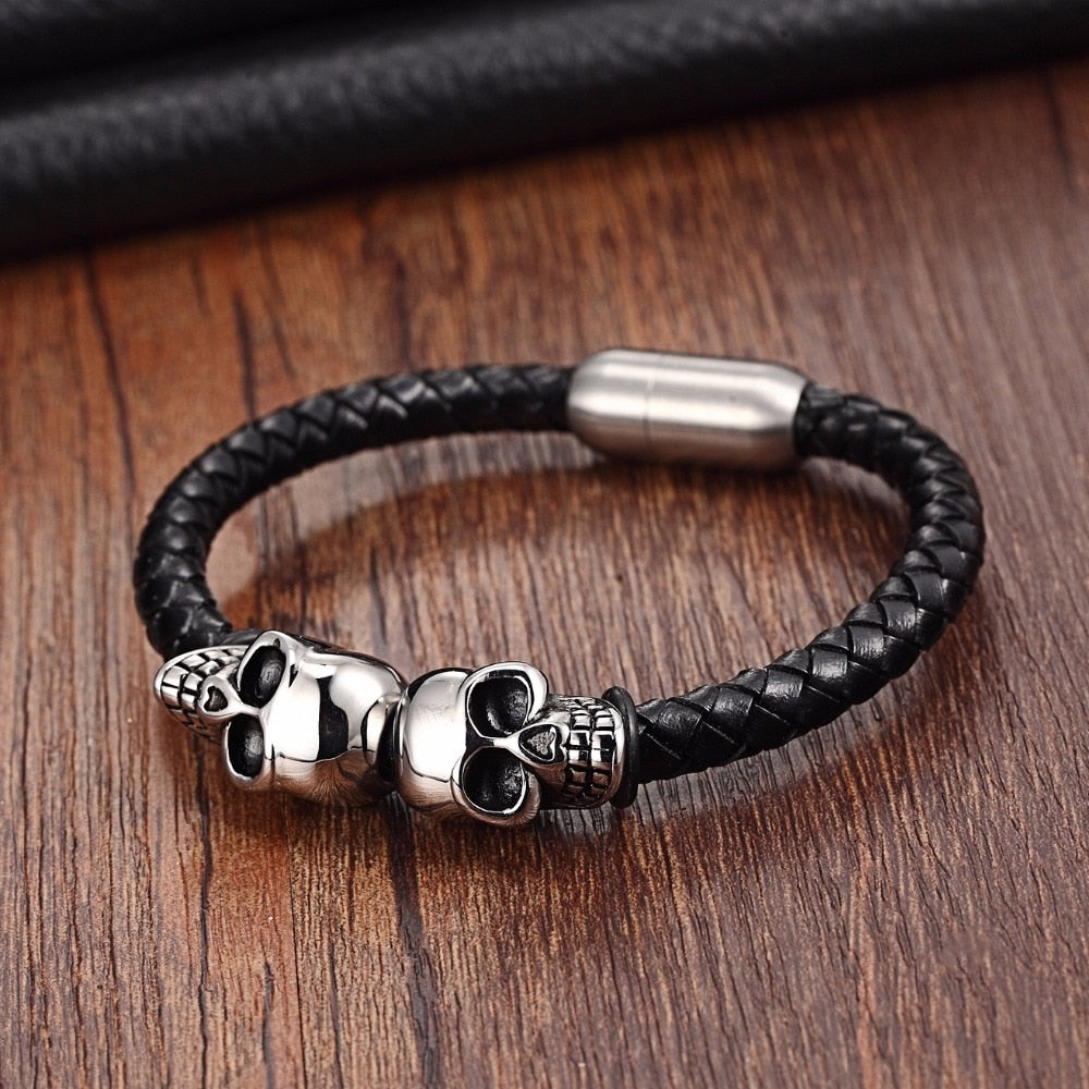 Braided Leather Double Skull Bracelets. Badass Biker Skull bracelet. Badass biker bracelet. Badass Skull Accessories. Badass skull jewelry.