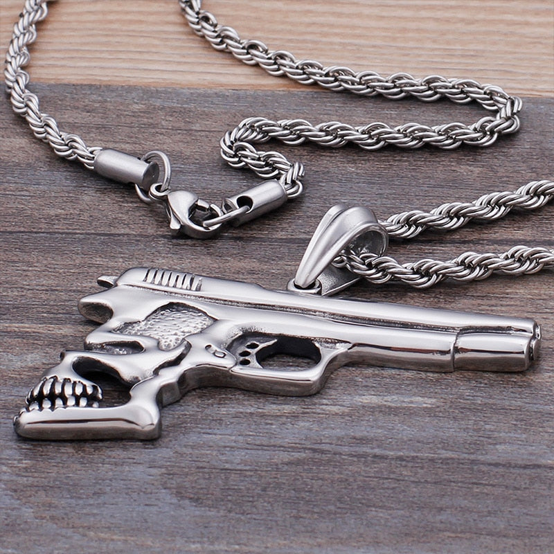 Hip Hop Pistol Skull Pendant Necklace. Badass skull jewelry. Badass skull accessories.