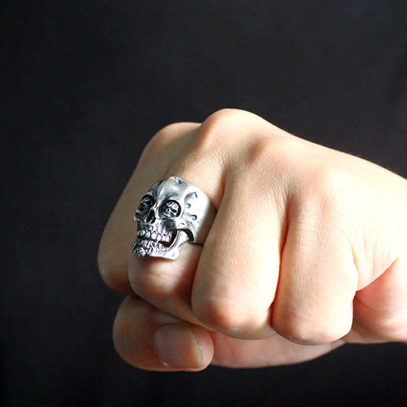 925 Sterling Silver Handmade Domineering Dark Retro Skull Rings, badass biker skull ring, badass skull jewelry, badass skull accessories. Skull Men Ring.