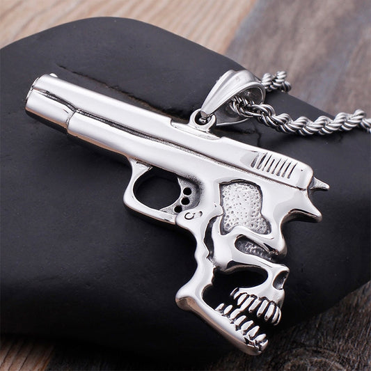 Hip Hop Pistol Skull Pendant Necklace. Badass skull jewelry. Badass skull accessories.