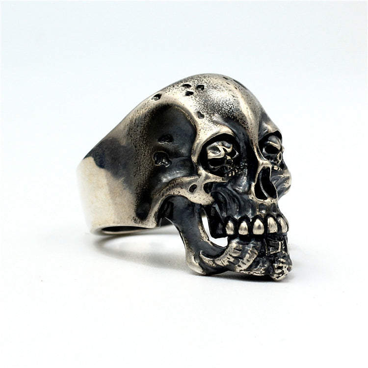 925 Sterling Silver Handmade Domineering Dark Retro Skull Rings, badass biker skull ring, badass skull jewelry, badass skull accessories. Skull Men Ring.