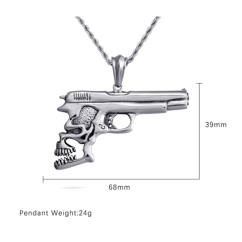 Hip Hop Pistol Skull Pendant Necklace. Badass skull jewelry. Badass skull accessories.