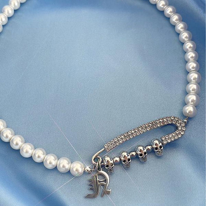 Unique Rhinestone Pin Skull Pearl Necklace. Badass skull necklace. Badass skull jewelry. Badass skull accessories.