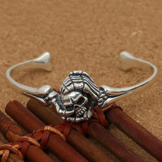 Resizable 925 Sterling Silver Skull in Hands Cuff Bracelet Bracelet