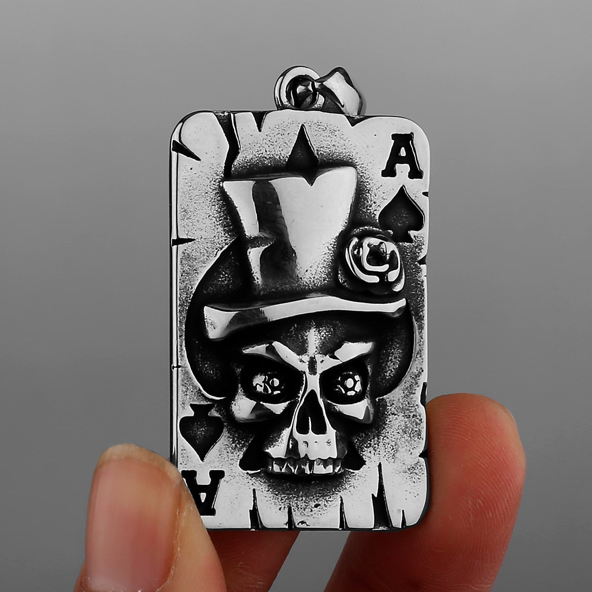 Heavy Stainless Steel Spade Ace Skull Pendant Necklace. Badass skull accessories. Badass biker skull jewelry. Badass Christmas Gifts.