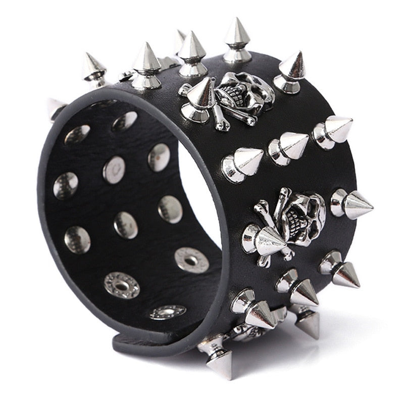 Unique Rock Spikes Rivet Gothic Skeleton Skull Punk Biker Wide Cuff Leather Bracelet. Badass Biker Skull bracelet. Badass biker bracelet. Badass Skull Accessories. Badass skull jewelry.