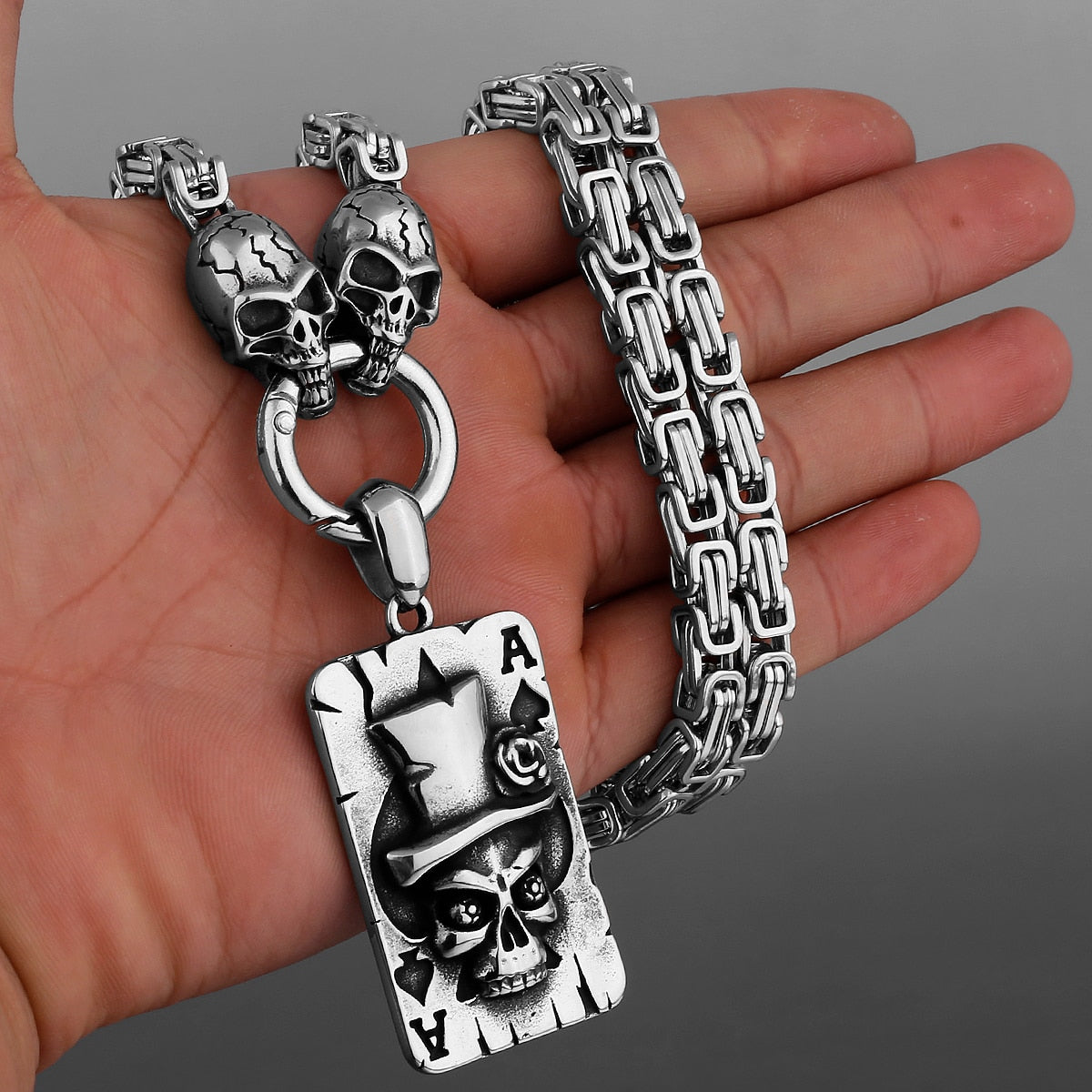 Heavy Stainless Steel Spade Ace Skull Pendant Necklace. Badass skull accessories. Badass biker skull jewelry. Badass Christmas Gifts.