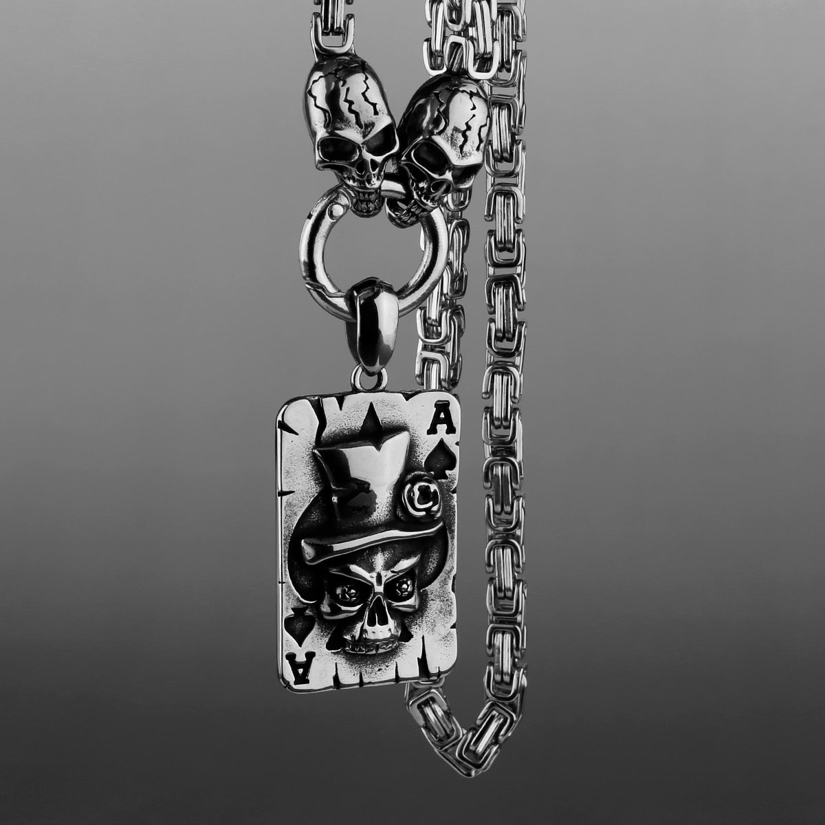 Heavy Stainless Steel Spade Ace Skull Pendant Necklace. Badass skull accessories. Badass biker skull jewelry. Badass Christmas Gifts.
