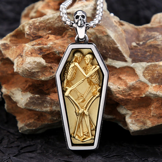 Stainless Steel Vintage Double Skull Coffin Pendant Necklace. Skull Coffin Necklace for women. Skull Coffin Necklace for Men. Badass coffin pendant necklace. Badass skull pendant. Badass skull jewelry. Badass skull accessories.