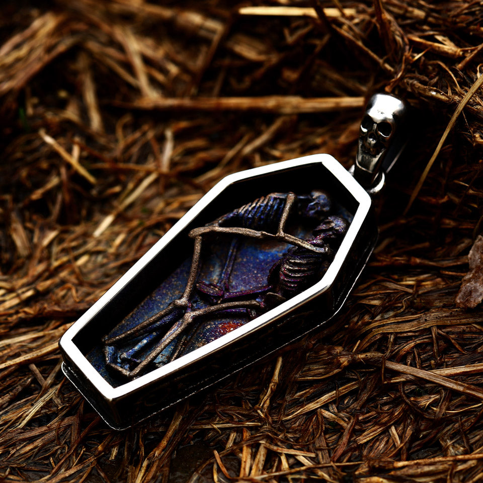 Double Skull Skeleton Coffin Necklace Pendant, badass skull jewellry, badass skull jewellery