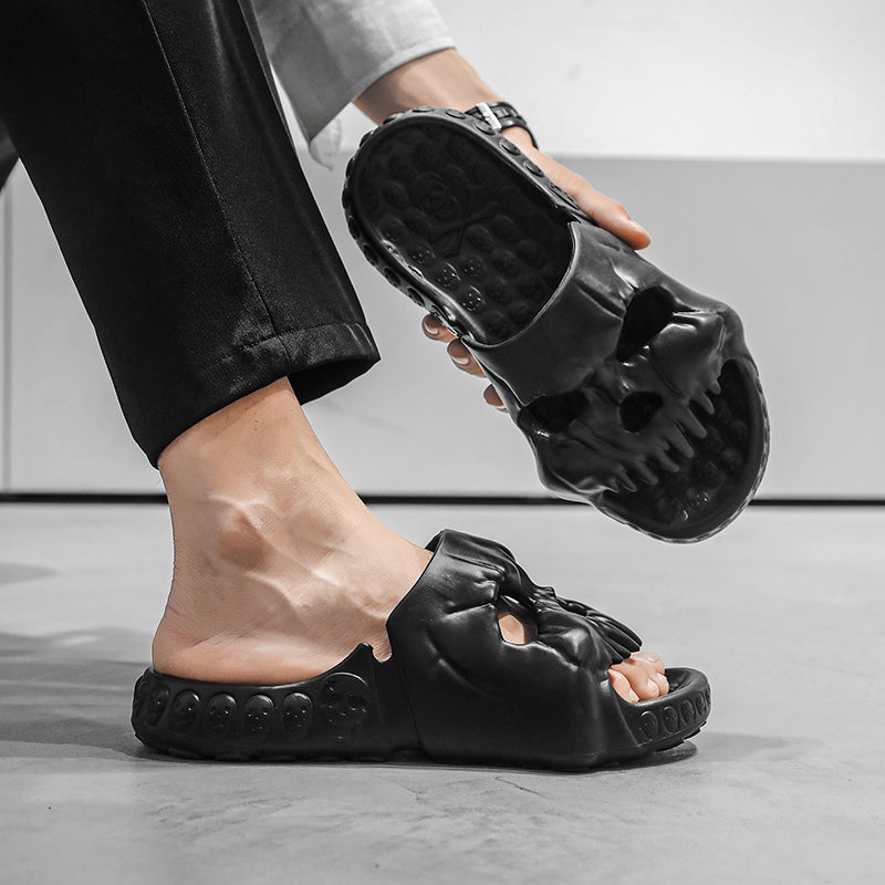 Coolest Skull Designer Soft EVA Slides 2023. Badass skull sandals, skull flip flops. Badass biker skull accessories. Badass skull accessories.