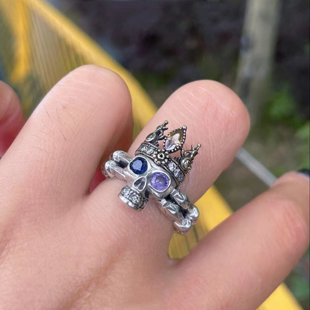 Vintage Gothic Blue Purple Zircon Crown Skull Ring. unique gothic skull ring for women. Badass skull rings. Badass skull jewelry. Badass skull accessories.