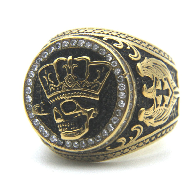 Retro Solid Clear Stone Crown Skull Ring. Bass skull ring. Badass biker skull ring. Badass skull accessories. Badass biker jewelry.