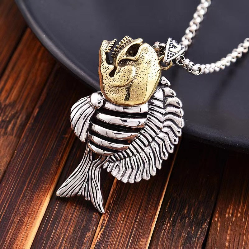 Vintage Gothic S925 Sterling Silver Piranha Skeleton Pendant. Badass skull pendant. Badass skeleton pendant. Badass skull accessories.