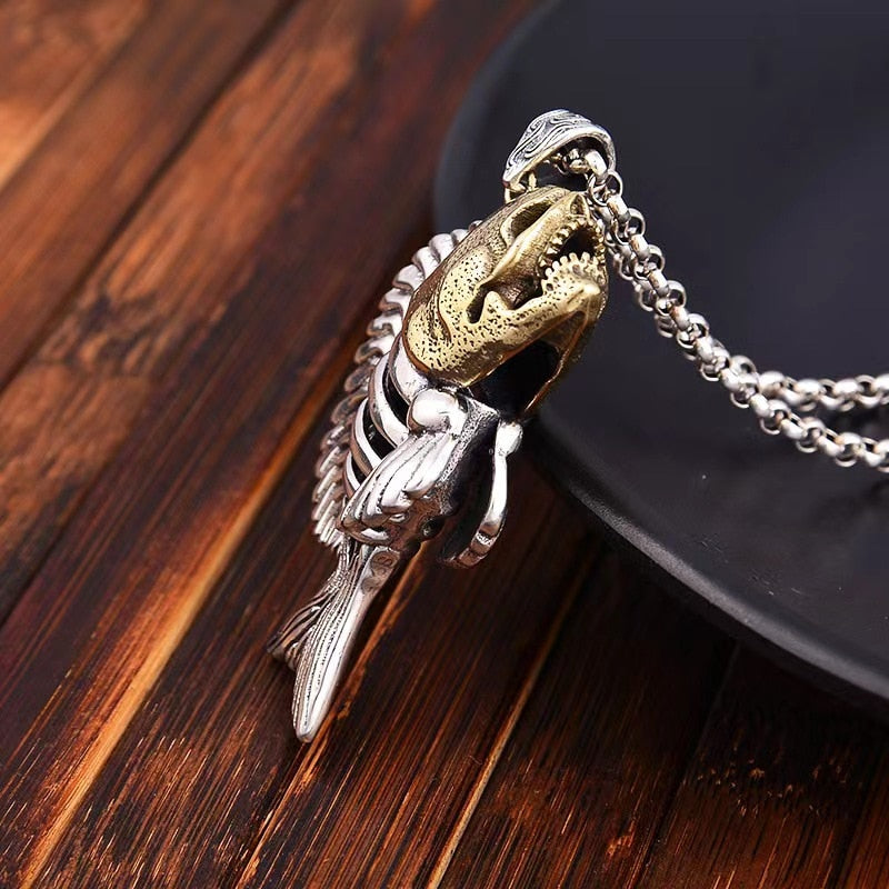 Vintage Gothic S925 Sterling Silver Piranha Skeleton Pendant. Badass skull pendant. Badass skeleton pendant. Badass skull accessories.