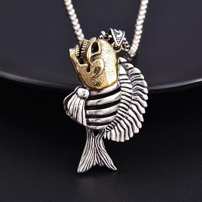 Vintage Gothic S925 Sterling Silver Piranha Skeleton Pendant. Badass skull pendant. Badass skeleton pendant. Badass skull accessories.