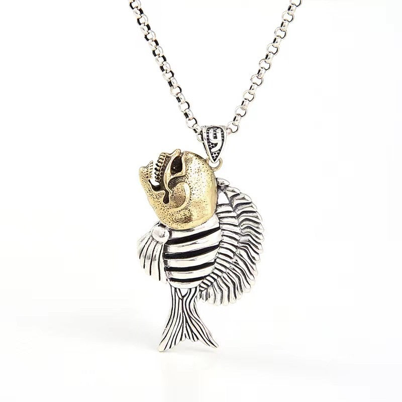 Vintage Gothic S925 Sterling Silver Piranha Skeleton Pendant. Badass skull pendant. Badass skeleton pendant. Badass skull accessories.
