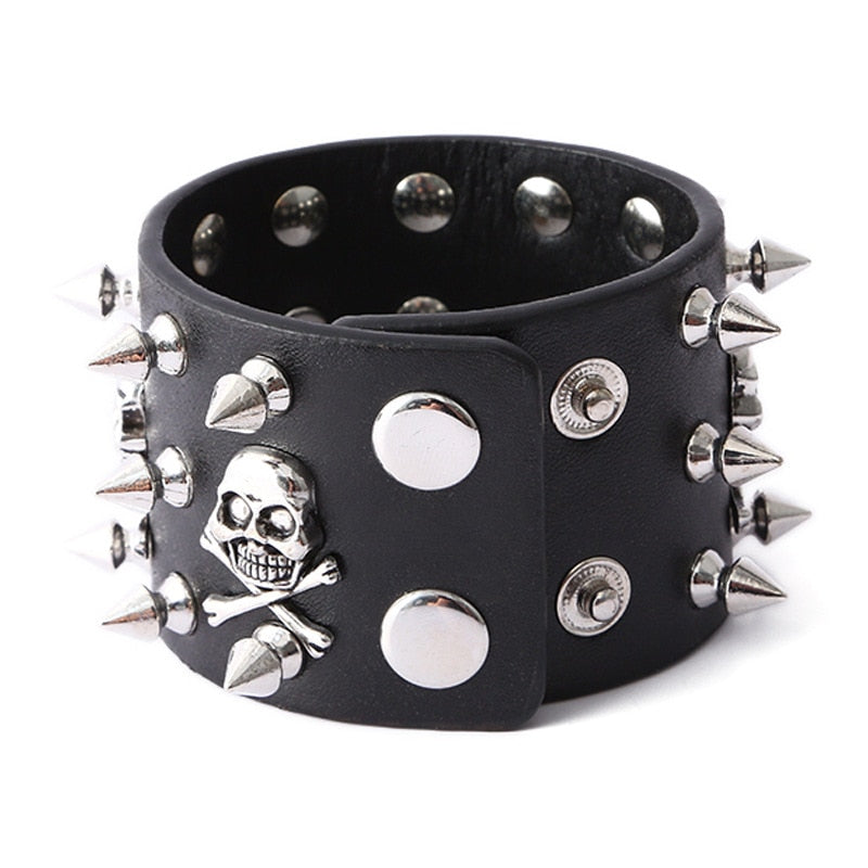 Unique Rock Spikes Rivet Gothic Skeleton Skull Punk Biker Wide Cuff Leather Bracelet. Badass Biker Skull bracelet. Badass biker bracelet. Badass Skull Accessories. Badass skull jewelry.