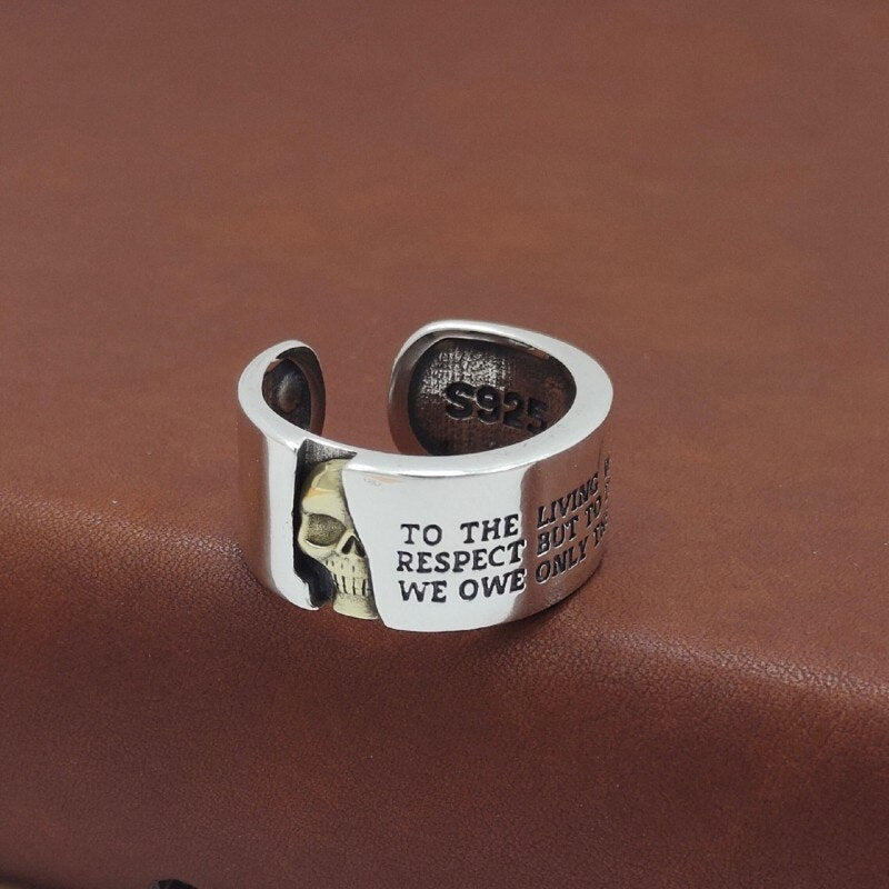 925 Sterling Silver Hidden Skull Ring with Powerful Voltaire Quote - Women's Edgy and Thoughtful Jewelry. Badass skull rings for women. Badass skull jewelry for women. Badass skull accessories for women. Skull rings for women.