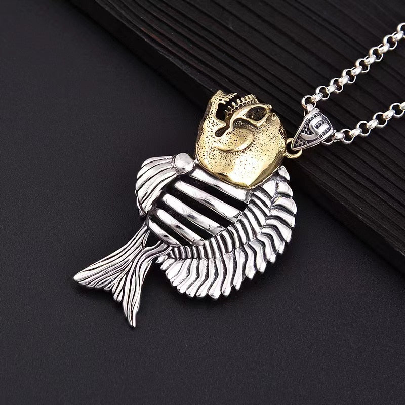 Vintage Gothic S925 Sterling Silver Piranha Skeleton Pendant. Badass skull pendant. Badass skeleton pendant. Badass skull accessories.