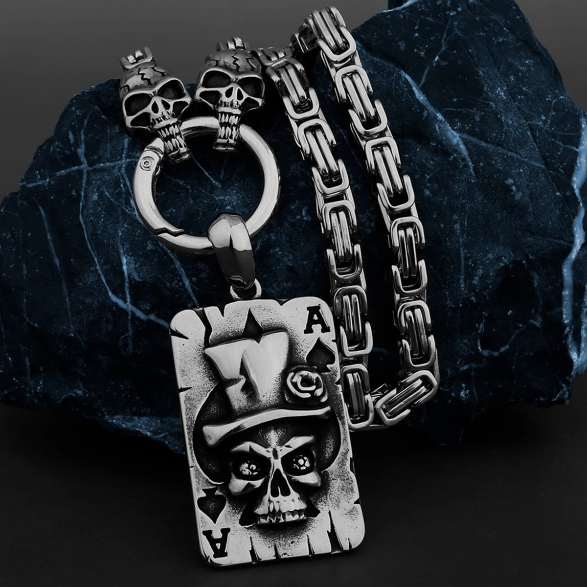 Heavy Stainless Steel Spade Ace Skull Pendant Necklace. Badass skull accessories. Badass biker skull jewelry. Badass Christmas Gifts.