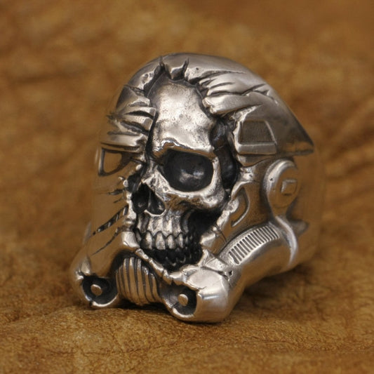 925 Sterling Silver Half Face White Warrior Skull Ring. Badass skull ring. Badass skull jewelry. Badass biker skull rings. Badass biker skull accessories.