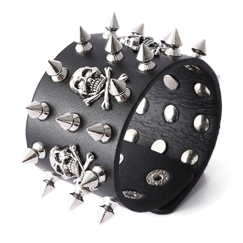 Unique Rock Spikes Rivet Gothic Skeleton Skull Punk Biker Wide Cuff Leather Bracelet. Badass Biker Skull bracelet. Badass biker bracelet. Badass Skull Accessories. Badass skull jewelry.
