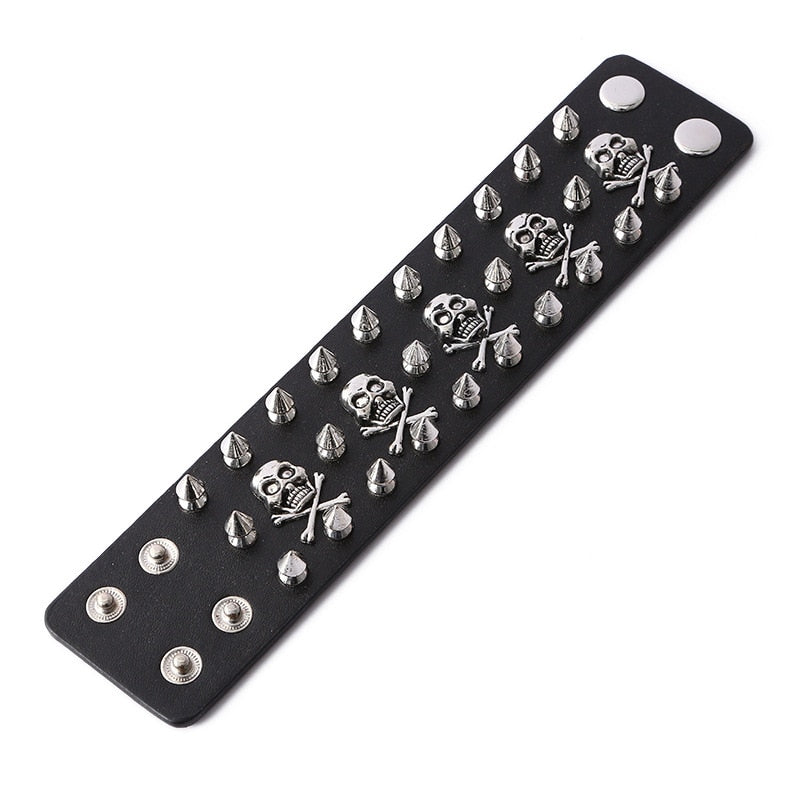 Unique Rock Spikes Rivet Gothic Skeleton Skull Punk Biker Wide Cuff Leather Bracelet. Badass Biker Skull bracelet. Badass biker bracelet. Badass Skull Accessories. Badass skull jewelry.