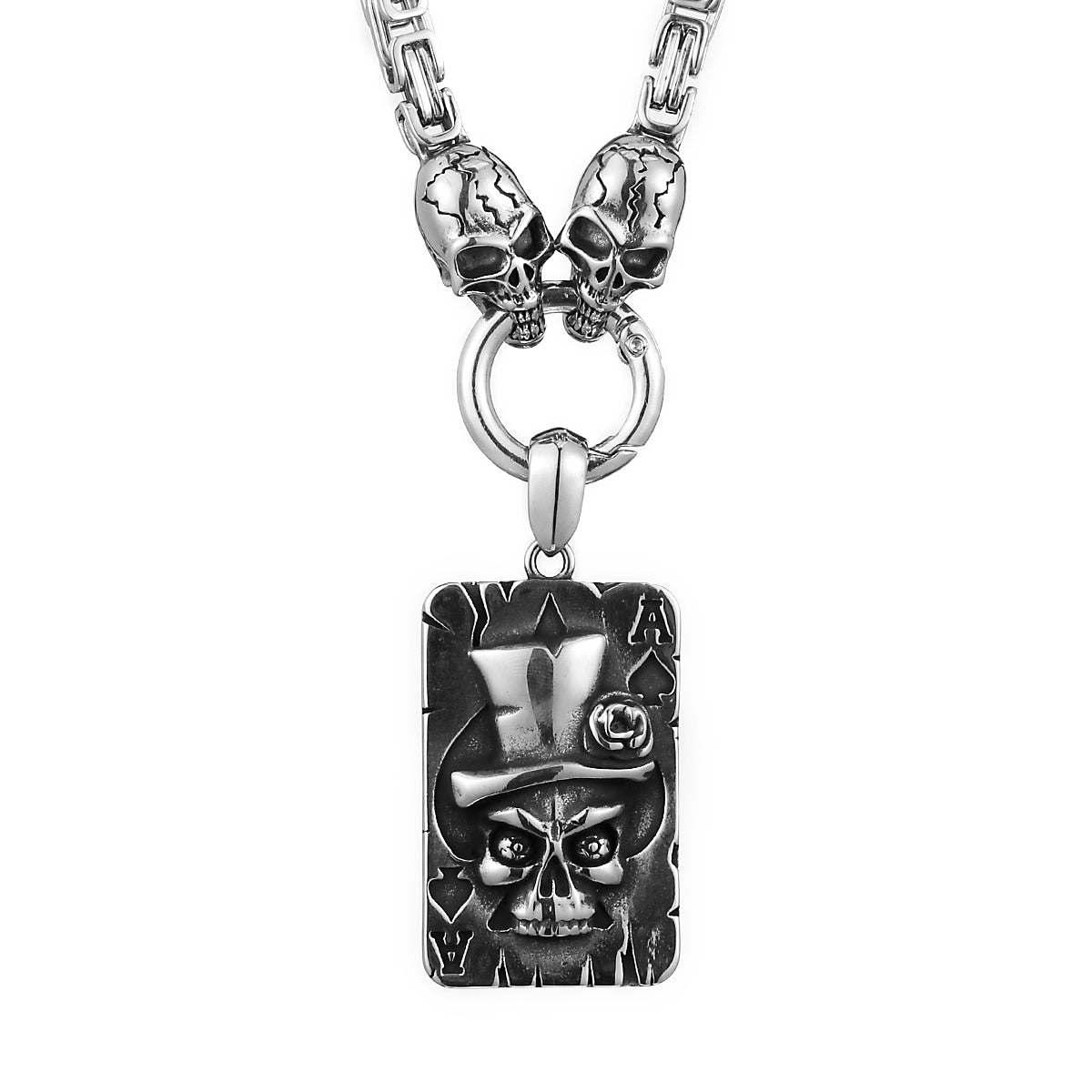 Heavy Stainless Steel Spade Ace Skull Pendant Necklace. Badass skull accessories. Badass biker skull jewelry. Badass Christmas Gifts.