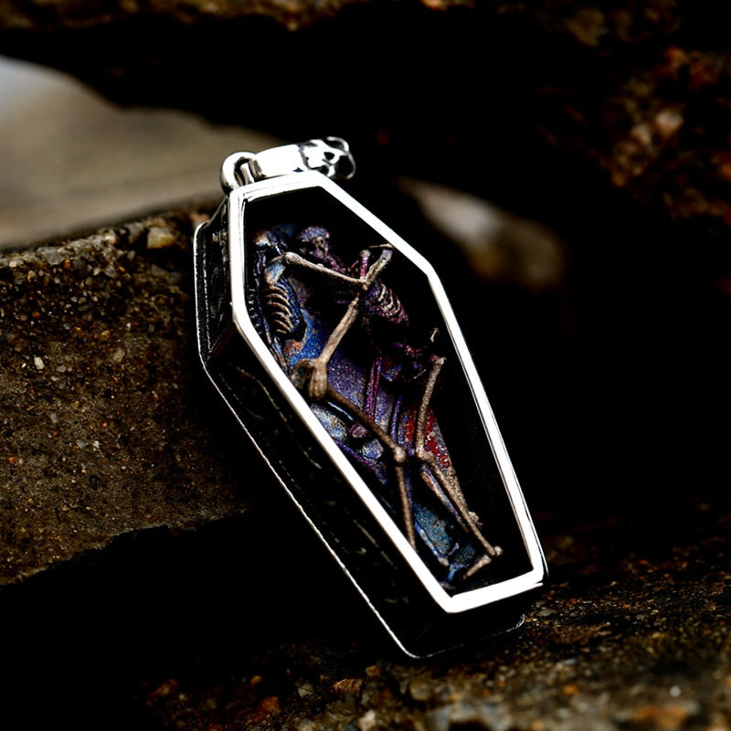 Double Skull Skeleton Coffin Necklace Pendant