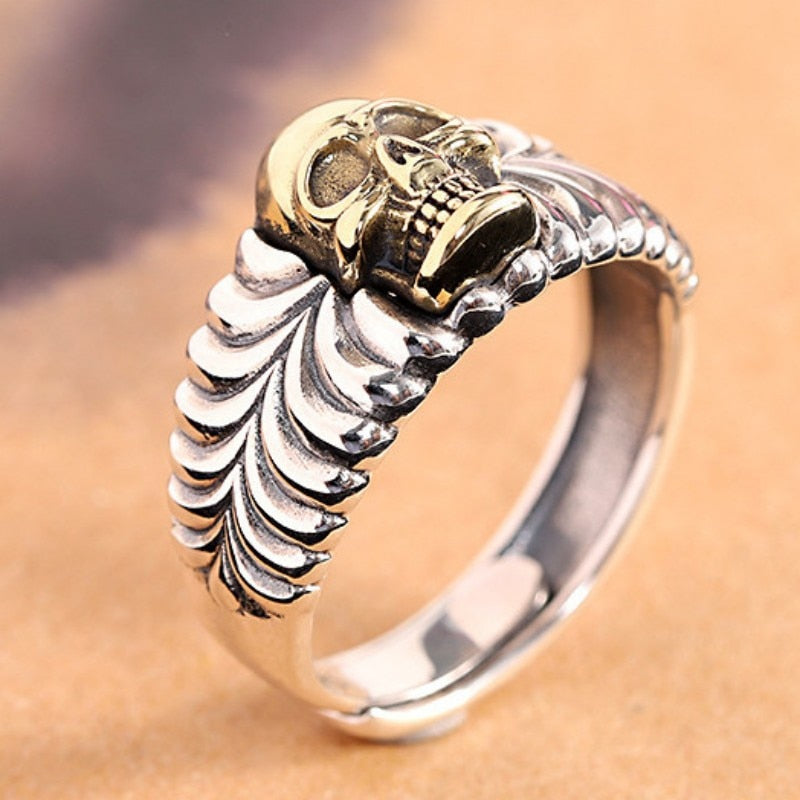 925 Sterling Silver Retro Totem Skull Ring - Adjustable Pure Argentum Punk Hand Jewelry for Men