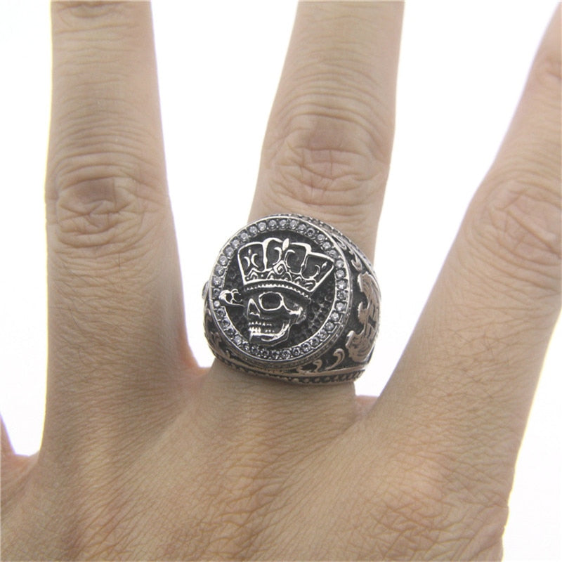 Retro Solid Clear Stone Crown Skull Ring. Bass skull ring. Badass biker skull ring. Badass skull accessories. Badass biker jewelry.