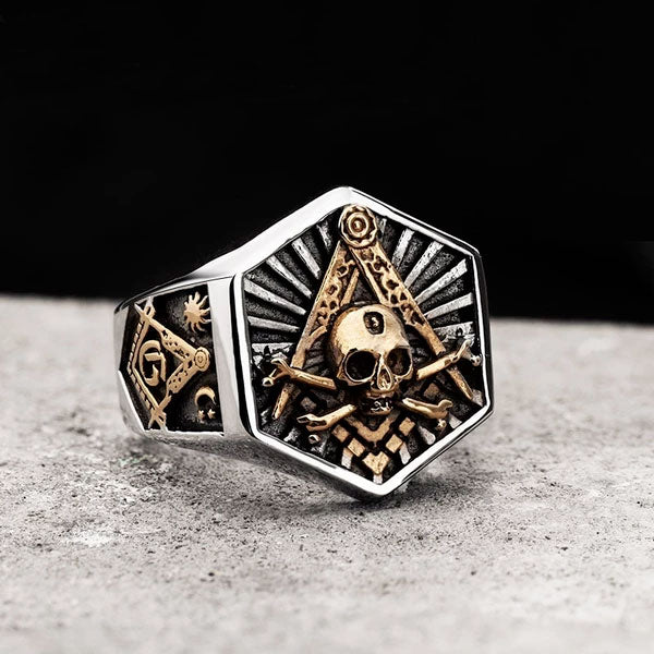 Stainless steel Masonic Hexagon Skull Ring