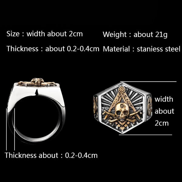 Stainless steel Masonic Hexagon Skull Ring