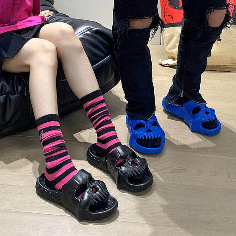 Coolest Skull Designer Soft EVA Slides 2023. Badass skull sandals, skull flip flops. Badass biker skull accessories. Badass skull accessories.