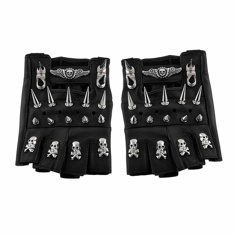 Leather Fingerless Biker Spike Skull Gloves Bracelets. Badass Biker skull accessories
