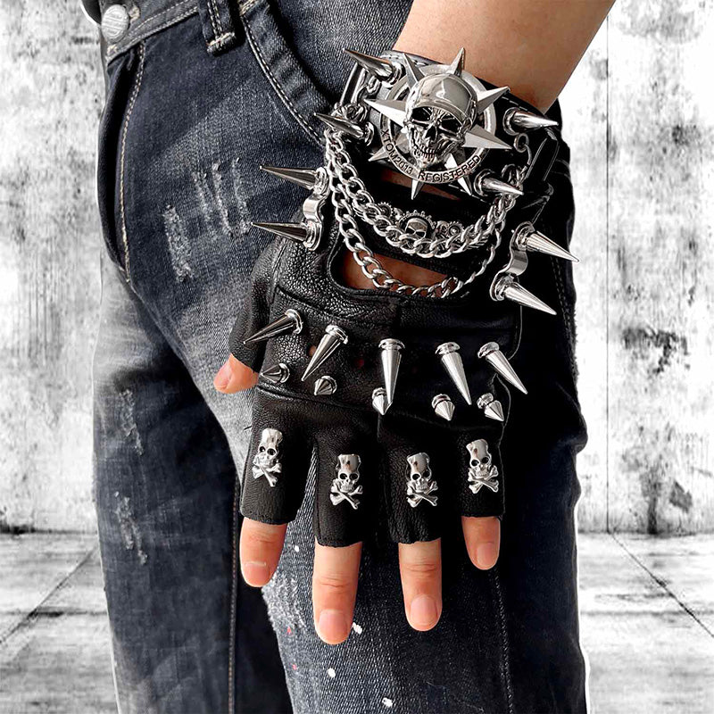 Leather Fingerless Biker Spike Skull Gloves Bracelets. Badass Biker skull accessories