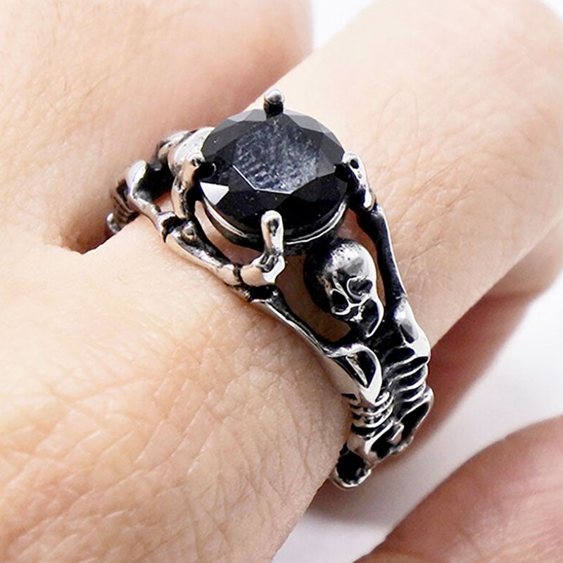 316L Stainless Steel Ladies Cool Black Stone Skull Ring