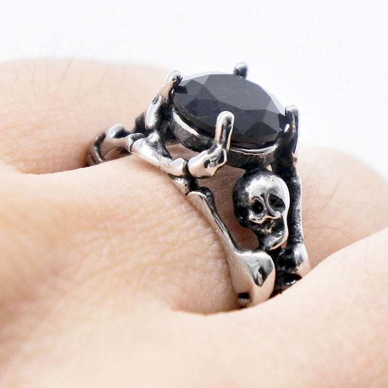 316L Stainless Steel Ladies Cool Black Stone Skull Ring
