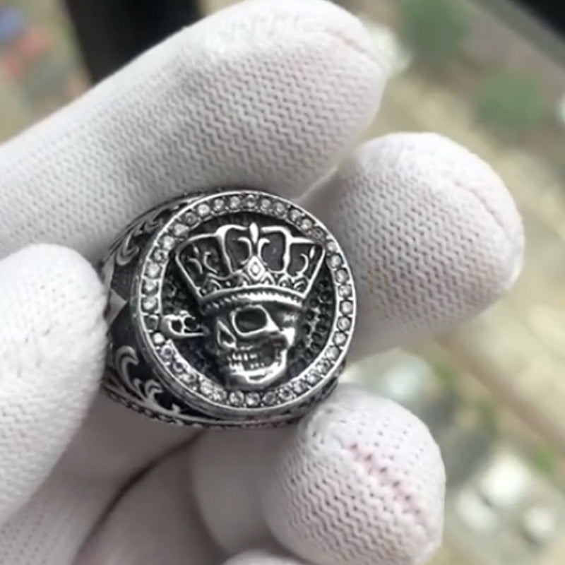 Retro Solid Clear Stone Crown Skull Ring. Bass skull ring. Badass biker skull ring. Badass skull accessories. Badass biker jewelry.