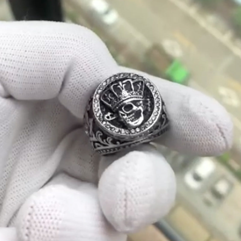 Retro Solid Clear Stone Crown Skull Ring. Bass skull ring. Badass biker skull ring. Badass skull accessories. Badass biker jewelry.
