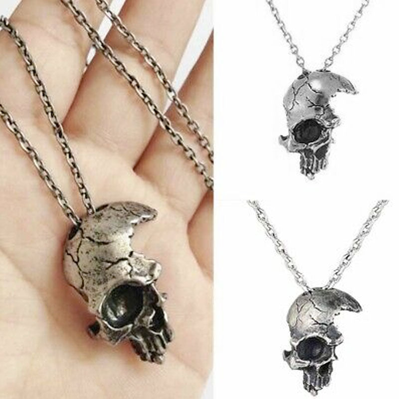 Damaged Half Face Skull Pendant Necklace