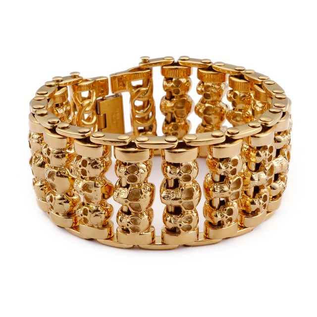 Stainless Steel Huge Heavy Solid Gold Skeleton Skull Bracelet