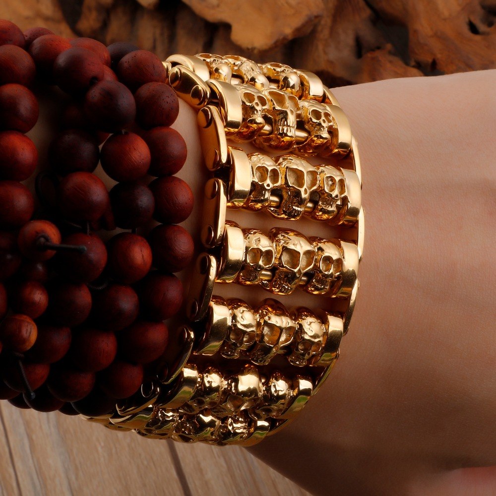 Stainless Steel Huge Heavy Solid Gold Skeleton Skull Bracelet