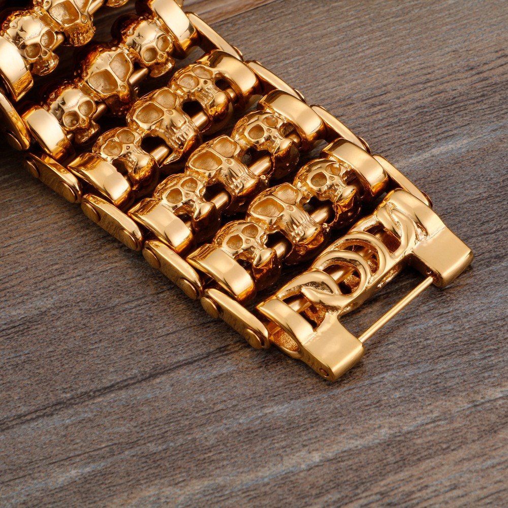 Stainless Steel Huge Heavy Solid Gold Skeleton Skull Bracelet