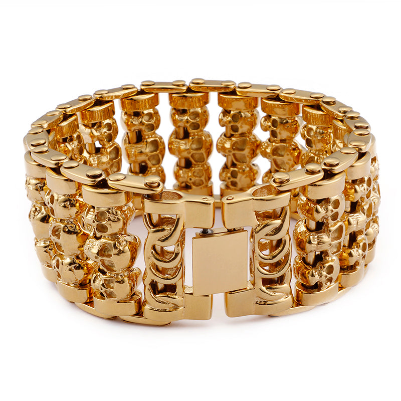 Stainless Steel Huge Heavy Solid Gold Skeleton Skull Bracelet