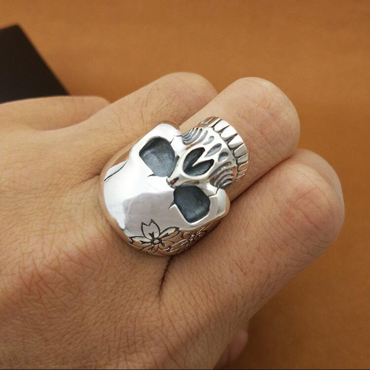 Punk Rock 925 Silver Flower Skull Ring