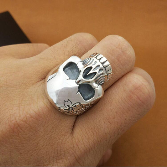 Punk Rock 925 Silver Flower Skull Ring