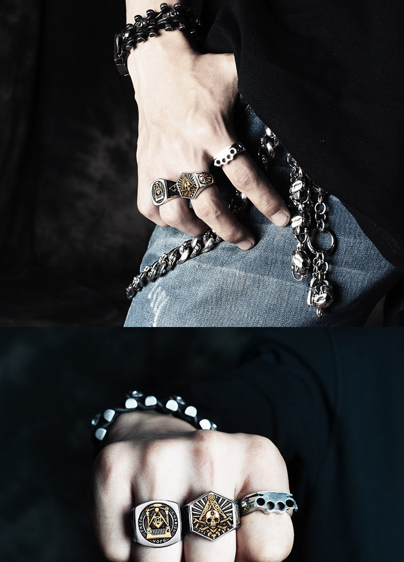 Stainless steel Masonic Hexagon Skull Ring