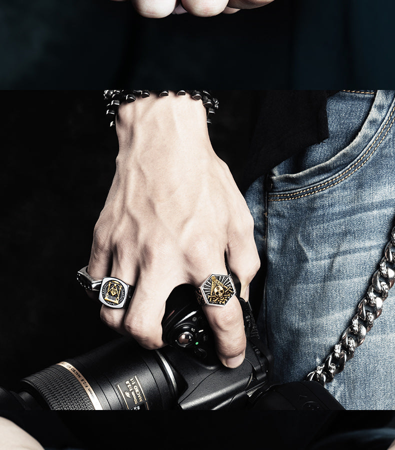 Stainless steel Masonic Hexagon Skull Ring